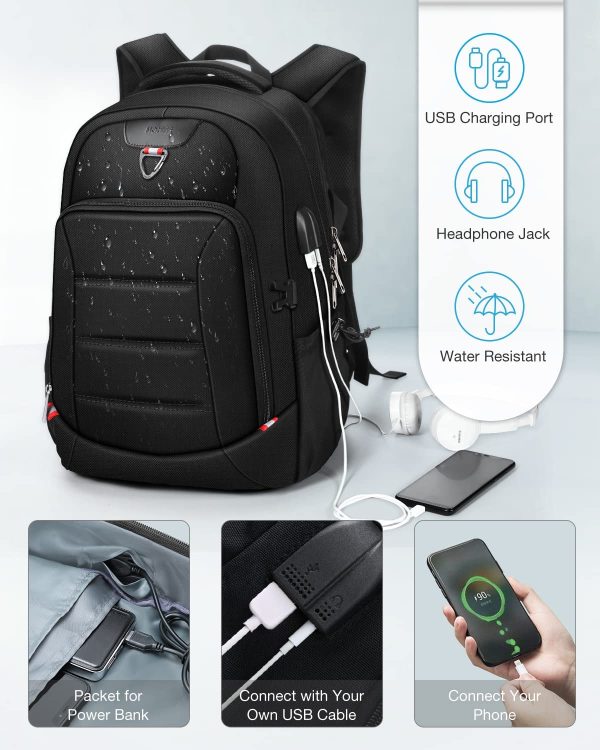 HOMIEE Sac à Dos Homme 17,3 Pouces, Sac à Dos pour Ordinateur Portable Grande Capacité Respirant Antivol Imperméable, Sac à Dos Port de Charge USB et Prise Casque pour Travail Voyage Affaires – Image 6