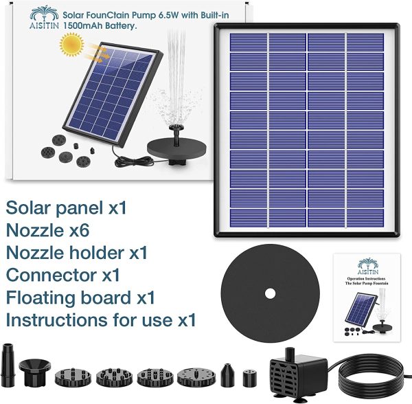 AISITIN Fontaine Solaire Extérieur 6.5W, Pompe Bassin Solaire avec Batterie et 6 Buses, pour Bain d'oiseaux Aquarium Jardin Fontaine – Image 5