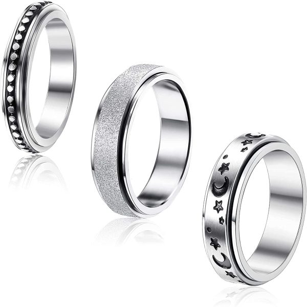 LOLIAS 3 Pcs Anneaux Spinner pour Femmes en Acier Inoxydable Fidget Bande Anneaux Ensemble Points Lune Étoile Sable Blast Finition Bague Femmes pour Promesse De Mariage – Image 6