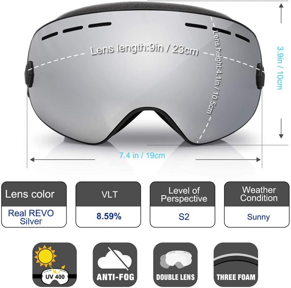 EXP VISION Masque de ski pour homme et femme - Protection 100 % UV400 - Anti-buée sur les lunettes - Lunettes de neige avec écran sphérique amovible