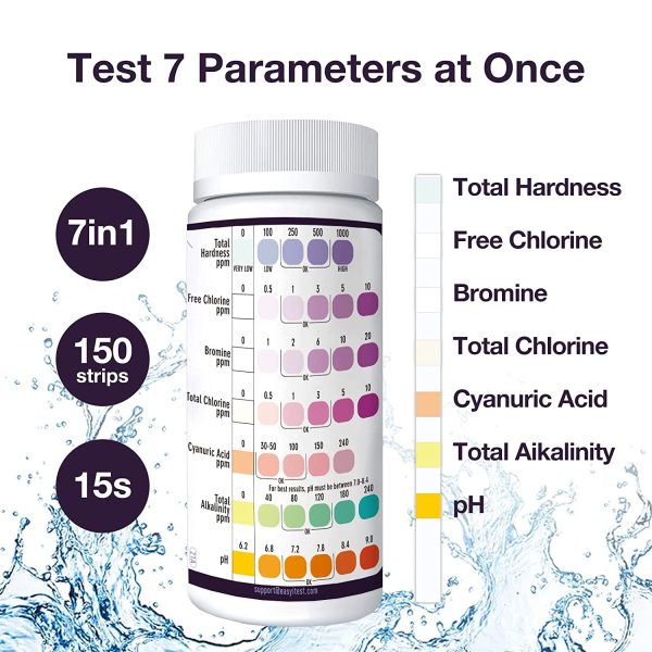 EASYTEST Bandelettes de Test Spa,150 Bandelettes de Test Chimique de l'eau pour Spa Piscine, Test précis de Brome, Alcalinité Totale, PH, Chlore Libre, Dureté Totale, Acide Cyanurique et Chlore Total – Image 2