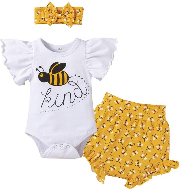 FYMNSI Tenue de Vêtements pour Bébé Nouveau-né Filles Ete Ensemble, Manche Courte Body Barboteuse et Short Imprimé Fleur et Bandeau 0-18 Mois – Image 6