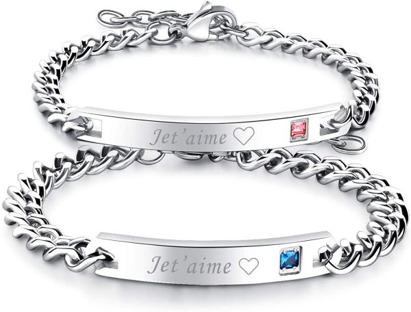 Flongo 2PCS Bracelets Acier Inoxydable Je T’Aime Chaînes de Main pour Couples Amoureux Femme Homme Couleur Argent Cadeaux Romantiques Saint Valentin Mariage – Image 6