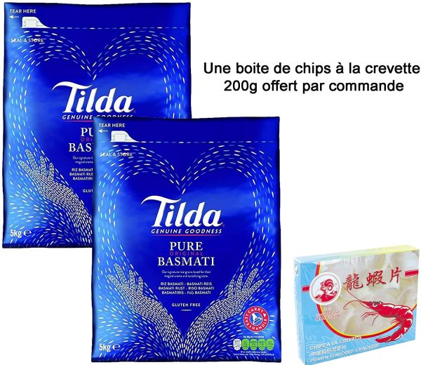 TILDA Riz Basmati Long Pure Original - Sac de 5KG - Sans gluten (10KG / 2 sacs de 5KG) - Vendu avec une boite de Chips à la crevette de 200g offert – Image 3