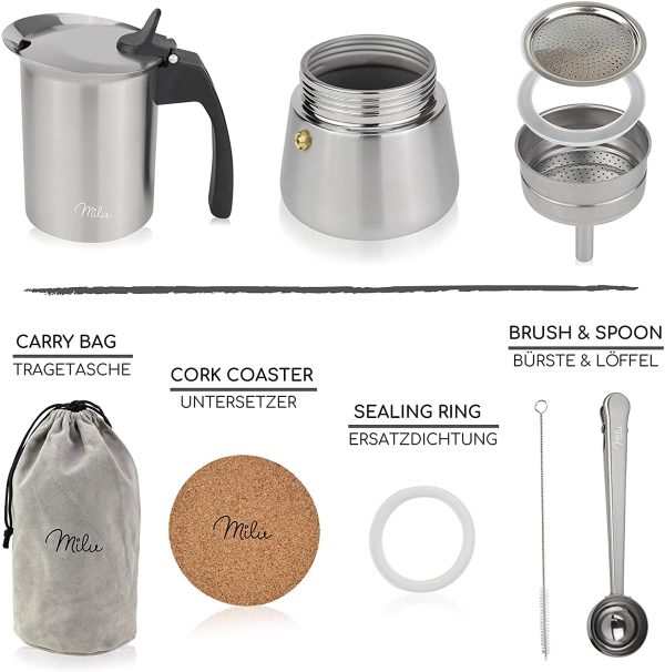 cafetière Italienne (2 Tasses Non Induction) | 2, 4, 6, 9 Tasses | Cafetière Moka en INOX, Espresso Maker, Ensemble comprenant un sous-verre, une cuillère, un pinceau (2 tasses 100ml) – Image 7