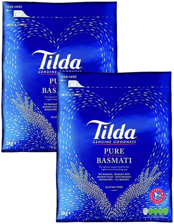 TILDA Riz Basmati Long Pure Original - Sac de 5KG - Sans gluten (10KG / 2 sacs de 5KG) - Vendu avec une boite de Chips à la crevette de 200g offert