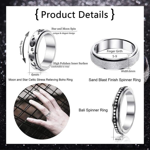 LOLIAS 3 Pcs Anneaux Spinner pour Femmes en Acier Inoxydable Fidget Bande Anneaux Ensemble Points Lune Étoile Sable Blast Finition Bague Femmes pour Promesse De Mariage