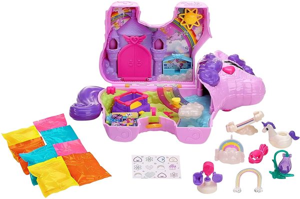 Polly Pocket coffret Licorne en Fête avec mini-figurines Polly et Lila, plusieurs zones de jeu, 25 surprises et accessoires, jouet pour enfant, GVL88