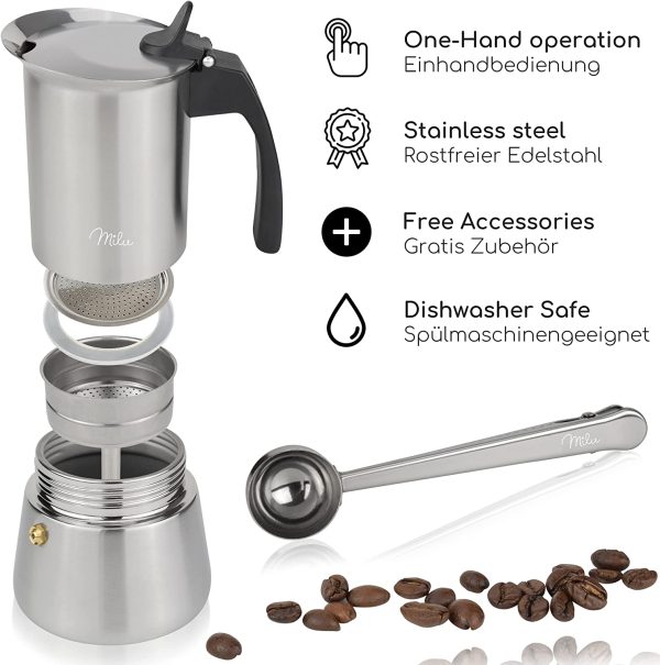 cafetière Italienne (2 Tasses Non Induction) | 2, 4, 6, 9 Tasses | Cafetière Moka en INOX, Espresso Maker, Ensemble comprenant un sous-verre, une cuillère, un pinceau (2 tasses 100ml) – Image 2