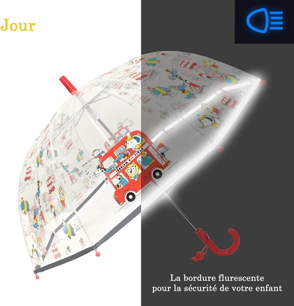 SMARTBULLE Parapluie Enfant Transparent Cloche - Bordure Fluorescente : Diamètre=71cm ; Ouverture Manuel ; Parapluie Fille et Garçon ; Motif : Animaux – Image 7