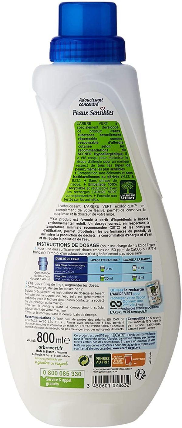 L'arbre vert Adoucissant Linge Peaux Sensibles Famille/Bébé Aussi 53 Lavages 800 ml