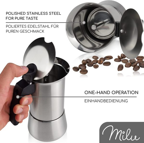 cafetière Italienne (2 Tasses Non Induction) | 2, 4, 6, 9 Tasses | Cafetière Moka en INOX, Espresso Maker, Ensemble comprenant un sous-verre, une cuillère, un pinceau (2 tasses 100ml) – Image 3