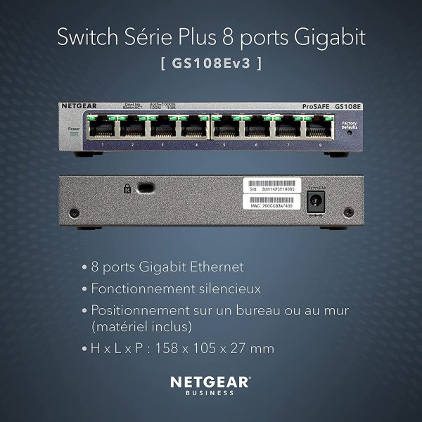 NETGEAR (GS108E) Switch Ethernet Plus 8 Ports RJ45 Métal Gigabit (10/100/1000), switch RJ45 Manageable Serie Plus Bureau ou Rackable, Métal, Silencieux , Protection ProSAFE à Vie, idéal pour PME/ TPE – Image 3