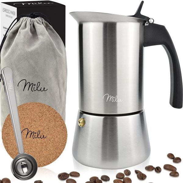 cafetière Italienne (2 Tasses Non Induction) | 2, 4, 6, 9 Tasses | Cafetière Moka en INOX, Espresso Maker, Ensemble comprenant un sous-verre, une cuillère, un pinceau (2 tasses 100ml) – Image 6